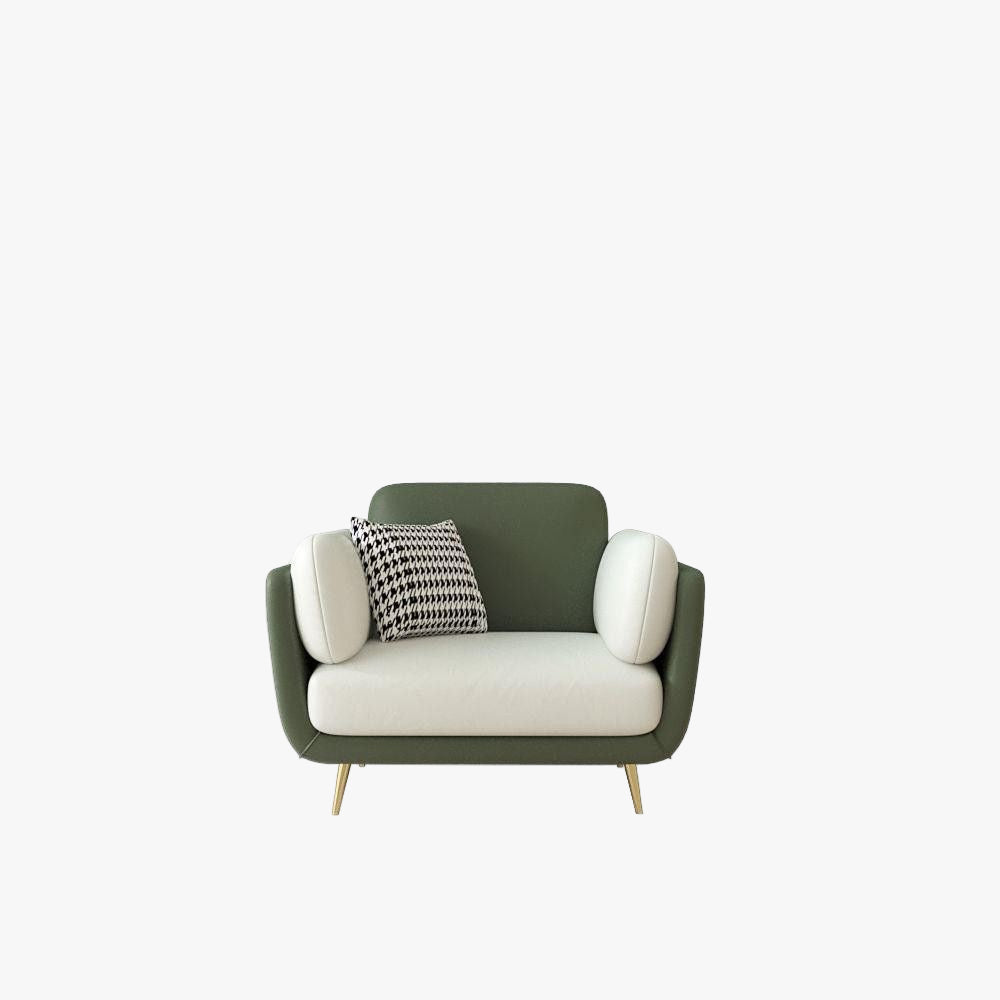 Green armchair with white cushion and patterned pillow on a white background