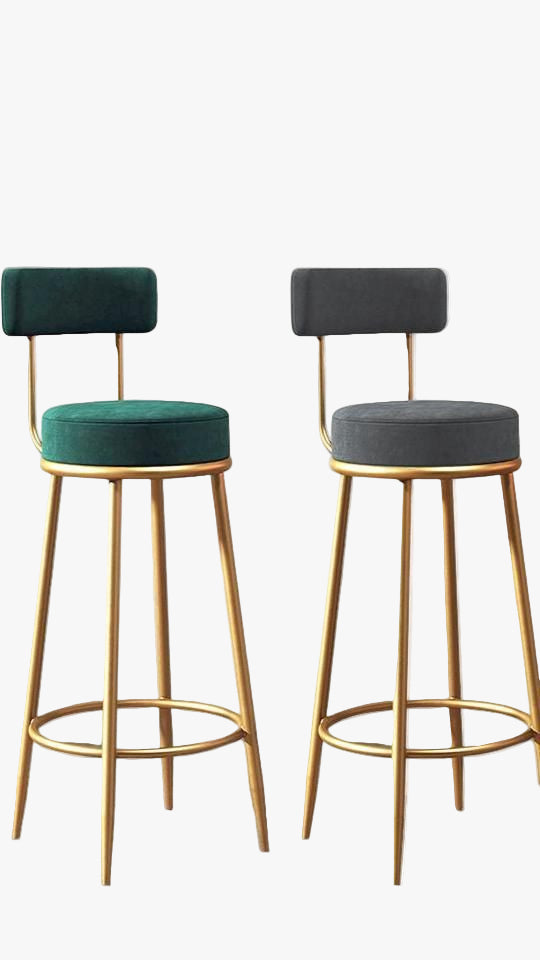 Two bar stools with green and gray cushioned seats on a light wooden floor.